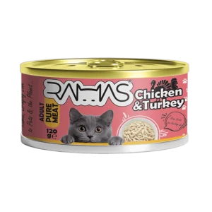 کنسرو گوشت خالص فیله مرغ و فیله بوقلمون گربه 120 گرمی راماس