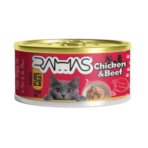 کنسرو گوشت خالص فیله مرغ و فیله بیف گربه 120 گرمی راماس